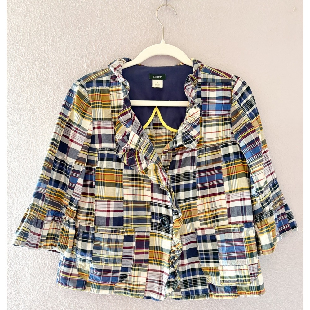 J.Crew Y2K 90s Patchwork Plaid Ruffle Madras Blazer Jacket Preppy Multi Color 6
